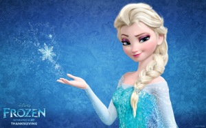 Elsa from Frozen in her shoulderless super dress.