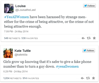 Examples of the #YesAllWomen tag on Twitter